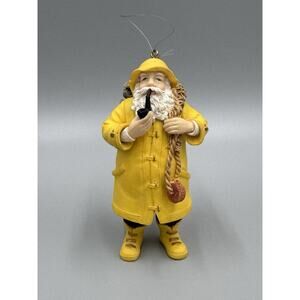 Fisherman Santa in Yellow Raincoat Resin Ornament Nautical Coastal Theme 4.5”